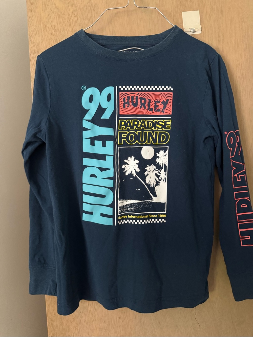 Hurley Navy Long-Sleeve Tee with Turquoise, Yellow and Coral Graphic